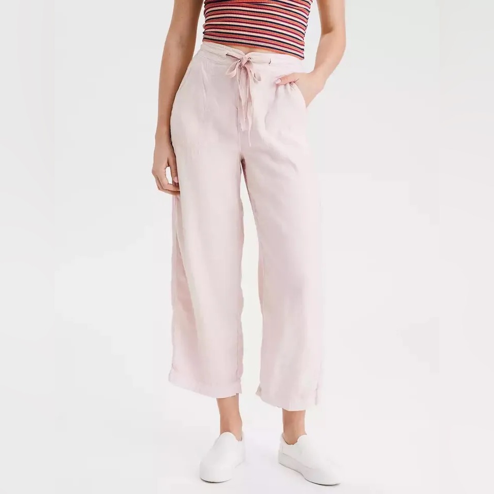 American Eagle Baby Pink Linen Straight High Rise Pants Size 14